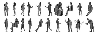 Vektör illüstrasyonu, insanların ana hatları, Contour çizimi, insanların silueti, ikon kümesi izole edilmiş, oturan insanların silueti, mimari set