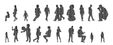 Vektör illüstrasyonu, insanların ana hatları, Contour çizimi, insanların silueti, ikon kümesi izole edilmiş, oturan insanların silueti, mimari set