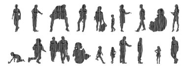 Vektör illüstrasyonu, insanların ana hatları, Contour çizimi, insanların silueti, ikon kümesi izole edilmiş, oturan insanların silueti, mimari set