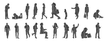 Vektör illüstrasyonu, insanların ana hatları, Contour çizimi, insanların silueti, ikon kümesi izole edilmiş, oturan insanların silueti, mimari set