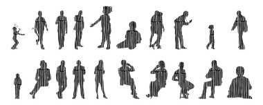 Vektör illüstrasyonu, insanların ana hatları, Contour çizimi, insanların silueti, ikon kümesi izole edilmiş, oturan insanların silueti, mimari set