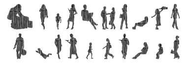 Vektör illüstrasyonu, insanların ana hatları, Contour çizimi, insanların silueti, ikon kümesi izole edilmiş, oturan insanların silueti, mimari set