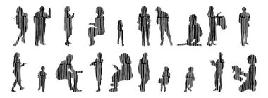 Vektör illüstrasyonu, insanların ana hatları, Contour çizimi, insanların silueti, ikon kümesi izole edilmiş, oturan insanların silueti, mimari set