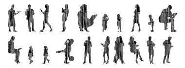 Vektör illüstrasyonu, insanların ana hatları, Contour çizimi, insanların silueti, ikon kümesi izole edilmiş, oturan insanların silueti, mimari set