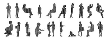 Vektör illüstrasyonu, insanların ana hatları, Contour çizimi, insanların silueti, ikon kümesi izole edilmiş, oturan insanların silueti, mimari set