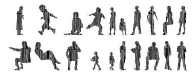 Vektör illüstrasyonu, insanların ana hatları, Contour çizimi, insanların silueti, ikon kümesi izole edilmiş, oturan insanların silueti, mimari set