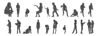 Vektör illüstrasyonu, insanların ana hatları, Contour çizimi, insanların silueti, ikon kümesi izole edilmiş, oturan insanların silueti, mimari set