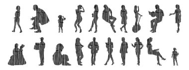 Vektör illüstrasyonu, insanların ana hatları, Contour çizimi, insanların silueti, ikon kümesi izole edilmiş, oturan insanların silueti, mimari set