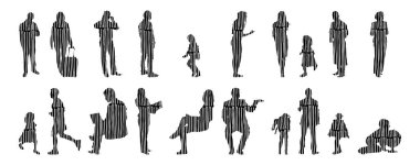 Vektör illüstrasyonu, insanların ana hatları, Contour çizimi, insanların silueti, ikon kümesi izole edilmiş, oturan insanların silueti, mimari set