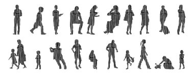 Vektör illüstrasyonu, insanların ana hatları, Contour çizimi, insanların silueti, ikon kümesi izole edilmiş, oturan insanların silueti, mimari set