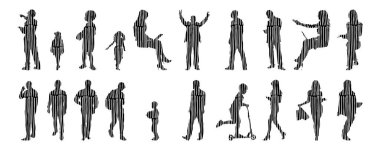 Vektör illüstrasyonu, insanların ana hatları, Contour çizimi, insanların silueti, ikon kümesi izole edilmiş, oturan insanların silueti, mimari set