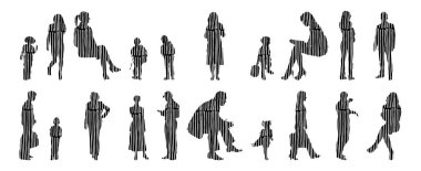 Vektör illüstrasyonu, insanların ana hatları, Contour çizimi, insanların silueti, ikon kümesi izole edilmiş, oturan insanların silueti, mimari set