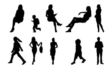 Vektör illüstrasyonu, insanların ana hatları, Contour çizimi, insanların silueti, ikon kümesi izole edilmiş, oturan insanların silueti, mimari set