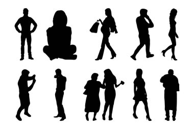 Vektör illüstrasyonu, insanların ana hatları, Contour çizimi, insanların silueti, ikon kümesi izole edilmiş, oturan insanların silueti, mimari set