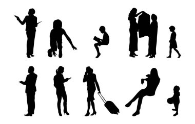 Vektör illüstrasyonu, insanların ana hatları, Contour çizimi, insanların silueti, ikon kümesi izole edilmiş, oturan insanların silueti, mimari set