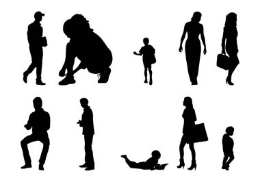 Vektör illüstrasyonu, insanların ana hatları, Contour çizimi, insanların silueti, ikon kümesi izole edilmiş, oturan insanların silueti, mimari set
