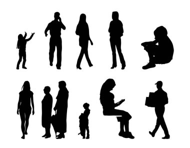 Vektör illüstrasyonu, insanların ana hatları, Contour çizimi, insanların silueti, ikon kümesi izole edilmiş, oturan insanların silueti, mimari set