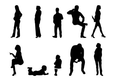 Vektör illüstrasyonu, insanların ana hatları, Contour çizimi, insanların silueti, ikon kümesi izole edilmiş, oturan insanların silueti, mimari set