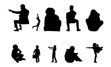 Vektör illüstrasyonu, insanların ana hatları, Contour çizimi, insanların silueti, ikon kümesi izole edilmiş, oturan insanların silueti, mimari set