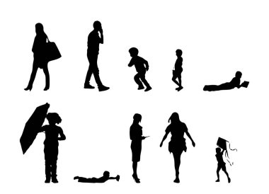 Vektör illüstrasyonu, insanların ana hatları, Contour çizimleri, insanların siluetleri, mimari taslak insanları, oturan insanların silueti, mimari set