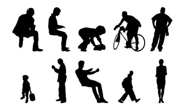 Vektör illüstrasyonu, insanların ana hatları, Contour çizimleri, insanların siluetleri, mimari taslak insanları, oturan insanların silueti, mimari set