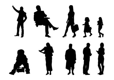 Vektör illüstrasyonu, insanların ana hatları, Contour çizimleri, insanların siluetleri, mimari taslak insanları, oturan insanların silueti, mimari set