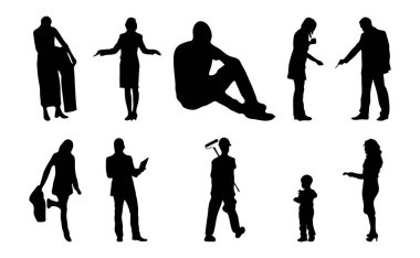 Vektör illüstrasyonu, insanların ana hatları, Contour çizimleri, insanların siluetleri, mimari taslak insanları, oturan insanların silueti, mimari set