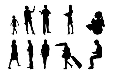 Vektör illüstrasyonu, insanların ana hatları, Contour çizimleri, insanların siluetleri, mimari taslak insanları, oturan insanların silueti, mimari set