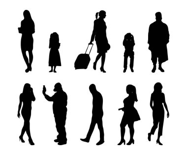 Vektör illüstrasyonu, insanların ana hatları, Contour çizimleri, insanların siluetleri, mimari taslak insanları, oturan insanların silueti, mimari set