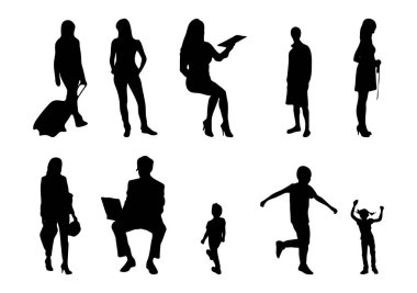 Vektör illüstrasyonu, insanların ana hatları, Contour çizimleri, insanların siluetleri, mimari taslak insanları, oturan insanların silueti, mimari set