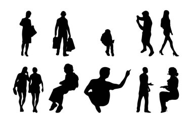 Vektör illüstrasyonu, insanların ana hatları, Contour çizimleri, insanların siluetleri, mimari taslak insanları, oturan insanların silueti, mimari set