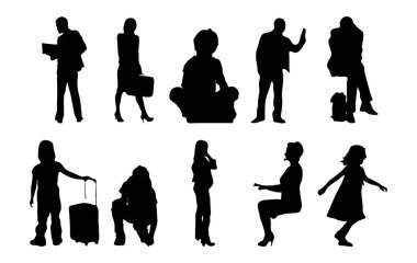 Vektör illüstrasyonu, insanların ana hatları, Contour çizimleri, insanların siluetleri, mimari taslak insanları, oturan insanların silueti, mimari set