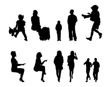 Vektör illüstrasyonu, insanların ana hatları, Contour çizimleri, insanların siluetleri, mimari taslak insanları, oturan insanların silueti, mimari set