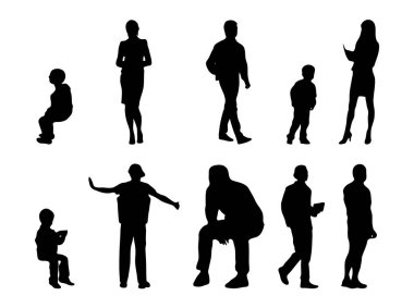 Vektör illüstrasyonu, insanların ana hatları, Contour çizimleri, insanların siluetleri, mimari taslak insanları, oturan insanların silueti, mimari set