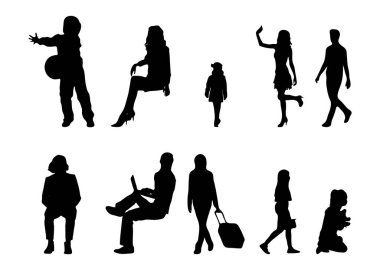 Vektör illüstrasyonu, insanların ana hatları, Contour çizimleri, insanların siluetleri, mimari taslak insanları, oturan insanların silueti, mimari set