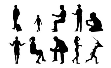 Vektör illüstrasyonu, insanların ana hatları, Contour çizimleri, insanların siluetleri, mimari taslak insanları, oturan insanların silueti, mimari set