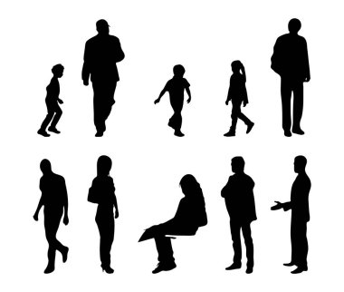Vektör illüstrasyonu, insanların ana hatları, Contour çizimleri, insanların siluetleri, mimari taslak insanları, oturan insanların silueti, mimari set