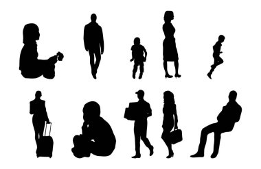 Vektör illüstrasyonu, insanların ana hatları, Contour çizimleri, insanların siluetleri, mimari taslak insanları, oturan insanların silueti, mimari set