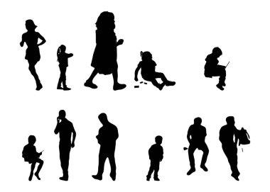 Vektör illüstrasyonu, insanların ana hatları, Contour çizimleri, insanların siluetleri, mimari taslak insanları, oturan insanların silueti, mimari set