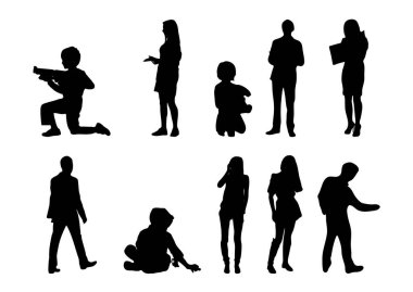 Vektör illüstrasyonu, insanların ana hatları, Contour çizimleri, insanların siluetleri, mimari taslak insanları, oturan insanların silueti, mimari set