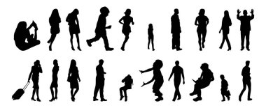 Vektör illüstrasyonu, insanların ana hatları, Contour çizimleri, insanların siluetleri, mimari taslak insanları, oturan insanların silueti, mimari set