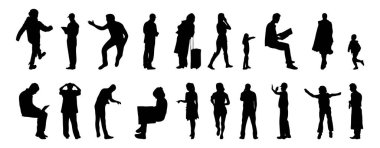 Vektör illüstrasyonu, insanların ana hatları, Contour çizimleri, insanların siluetleri, mimari taslak insanları, oturan insanların silueti, mimari set