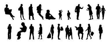 Vektör illüstrasyonu, insanların ana hatları, Contour çizimleri, insanların siluetleri, mimari taslak insanları, oturan insanların silueti, mimari set