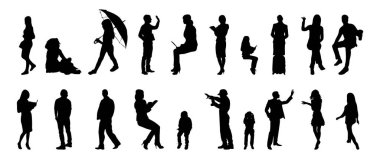 Vektör illüstrasyonu, insanların ana hatları, Contour çizimleri, insanların siluetleri, mimari taslak insanları, oturan insanların silueti, mimari set