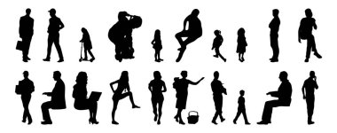 Vektör illüstrasyonu, insanların ana hatları, Contour çizimleri, insanların siluetleri, mimari taslak insanları, oturan insanların silueti, mimari set