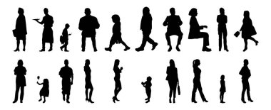 Vektör illüstrasyonu, insanların ana hatları, Contour çizimleri, insanların siluetleri, mimari taslak insanları, oturan insanların silueti, mimari set