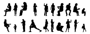 Vektör illüstrasyonu, insanların ana hatları, Contour çizimleri, insanların siluetleri, mimari taslak insanları, oturan insanların silueti, mimari set