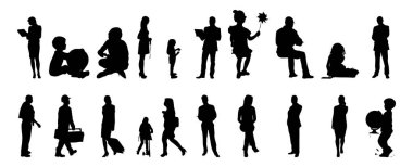 Vektör illüstrasyonu, insanların ana hatları, Contour çizimleri, insanların siluetleri, mimari taslak insanları, oturan insanların silueti, mimari set