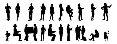 Vektör illüstrasyonu, insanların ana hatları, Contour çizimleri, insanların siluetleri, mimari taslak insanları, oturan insanların silueti, mimari set