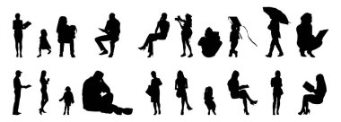 Vektör illüstrasyonu, insanların ana hatları, Contour çizimleri, insanların siluetleri, mimari taslak insanları, oturan insanların silueti, mimari set